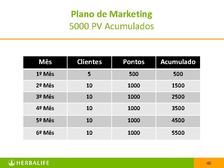 Plano de Marketing 5000 PV Acumulados Mês Clientes Pontos Acumulado 1º Mês 5 500