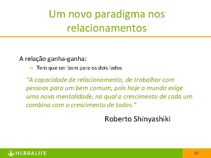 Um novo paradigma nos relacionamentos A relação ganha-ganha: – Tem que ser bom para