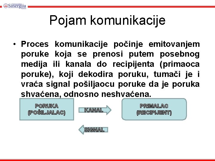 Pojam komunikacije • Proces komunikacije počinje emitovanjem poruke koja se prenosi putem posebnog medija