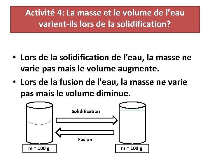 Activité 4: La masse et le volume de l’eau varient-ils lors de la solidification?
