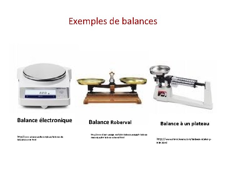Exemples de balances Balance électronique http: //www. usinenouvelle. com/expo/balances-delaboratoir-o 220. html Balance Roberval http: