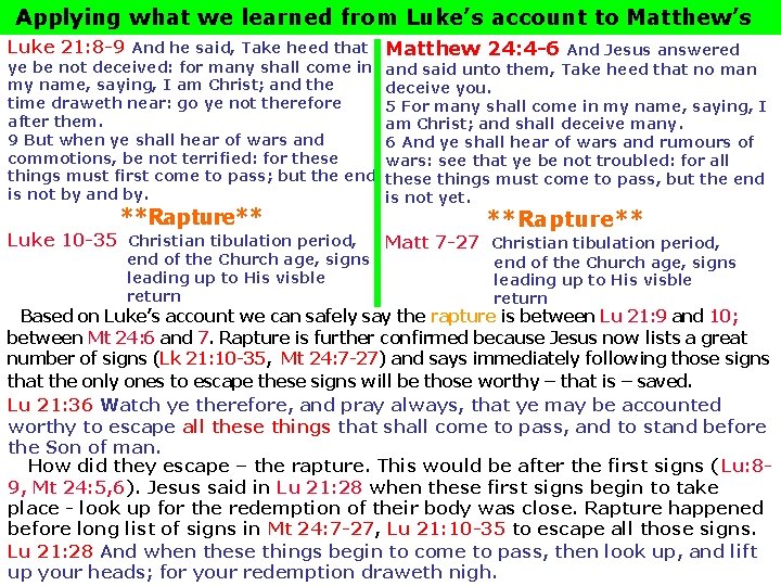 Applying what we learned from Luke’s account to Matthew’s Luke 21: 8 -9 Applying what we learned from Luke’s account to Matthew’s Luke 21: 8 -9
