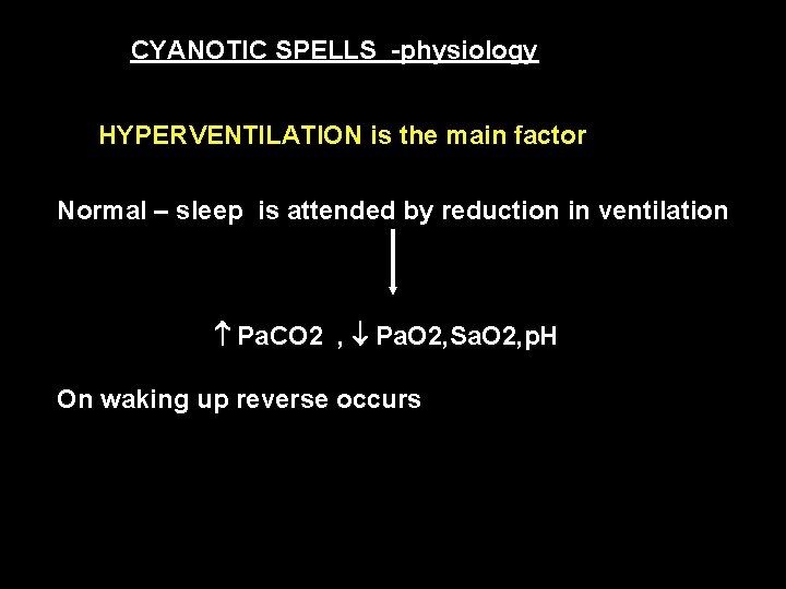 CYANOTIC SPELLS -physiology HYPERVENTILATION is the main factor Normal – sleep is attended by