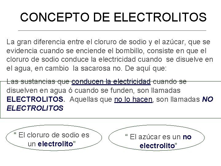 CONCEPTO DE ELECTROLITOS La gran diferencia entre el cloruro de sodio y el azúcar,