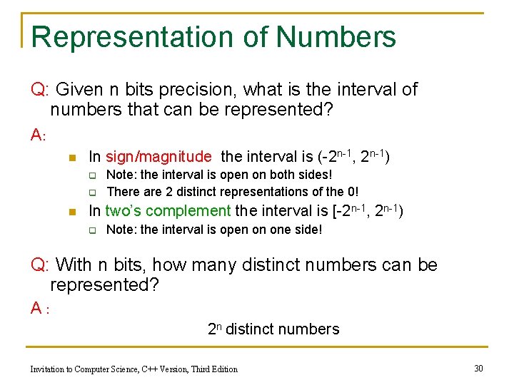 Representation of Numbers Q: Given n bits precision, what is the interval of numbers