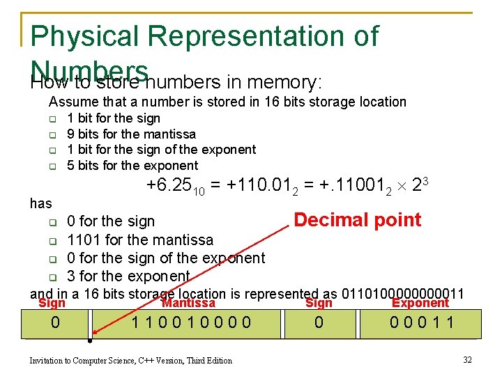Physical Representation of Numbers How to store numbers in memory: Assume that a number