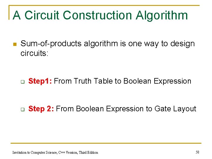 A Circuit Construction Algorithm n Sum-of-products algorithm is one way to design circuits: q