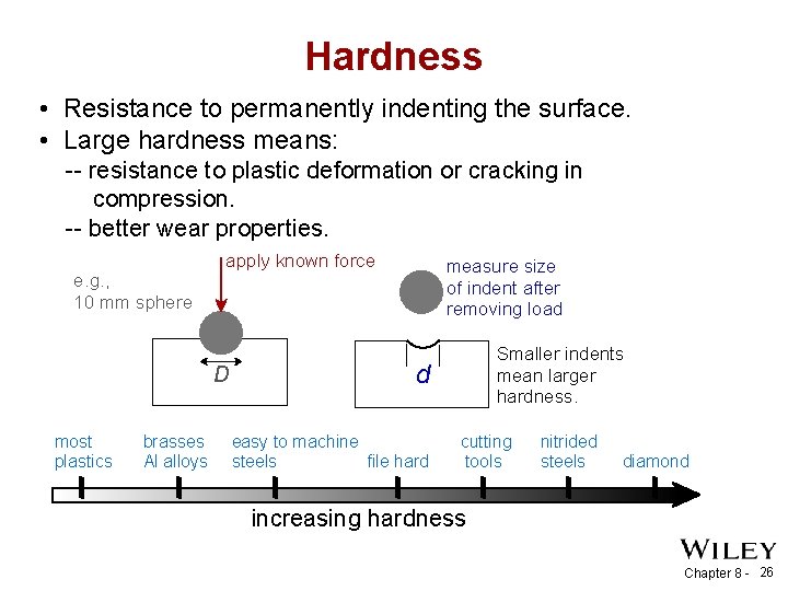 Hardness • Resistance to permanently indenting the surface. • Large hardness means: -- resistance