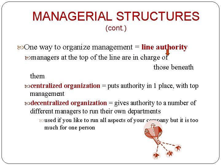 MANAGERIAL STRUCTURES (cont. ) One way to organize management = line authority managers at