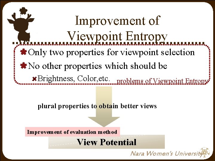 Improvement of Viewpoint Entropy Only two properties for viewpoint selection No other properties which Improvement of Viewpoint Entropy Only two properties for viewpoint selection No other properties which