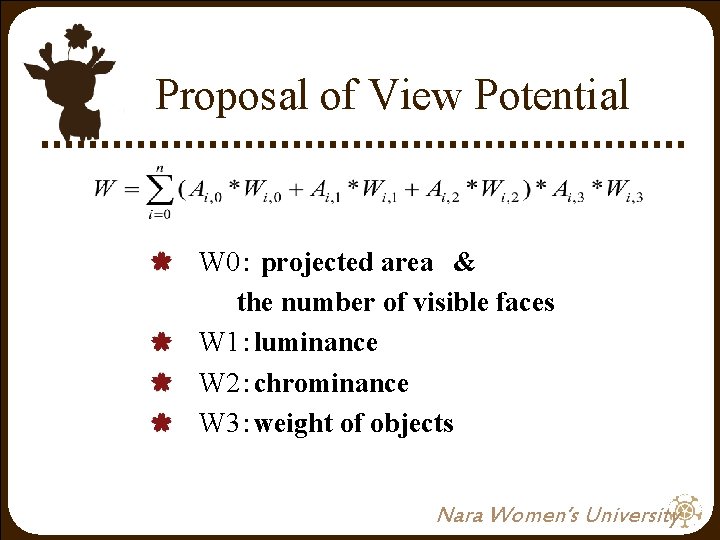 Proposal of View Potential W 0: projected area & the number of visible faces W Proposal of View Potential W 0: projected area & the number of visible faces W
