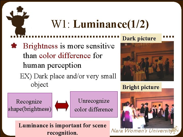 W 1: Luminance(1/2) Brightness is more sensitive than color difference for human perception Dark W 1: Luminance(1/2) Brightness is more sensitive than color difference for human perception Dark