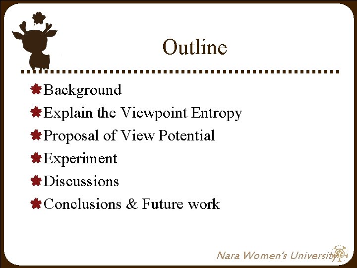 Outline Background Explain the Viewpoint Entropy Proposal of View Potential Experiment Discussions Conclusions & Outline Background Explain the Viewpoint Entropy Proposal of View Potential Experiment Discussions Conclusions &