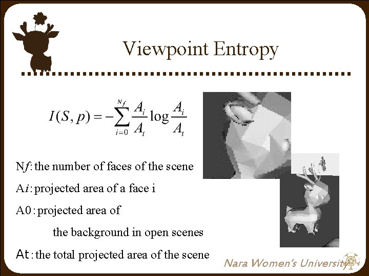 Viewpoint Entropy Nf:the number of faces of the scene Ai:projected area of a face Viewpoint Entropy Nf:the number of faces of the scene Ai:projected area of a face