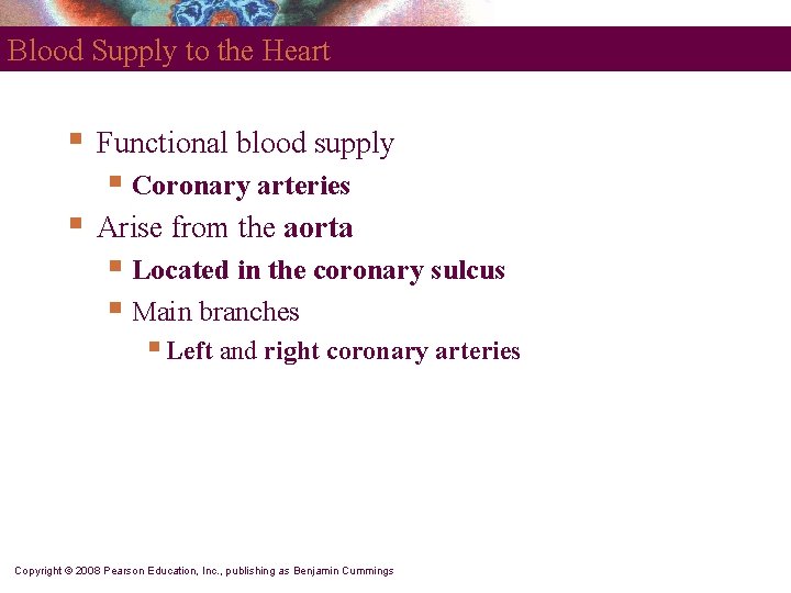 Blood Supply to the Heart § Functional blood supply § Coronary arteries § Arise