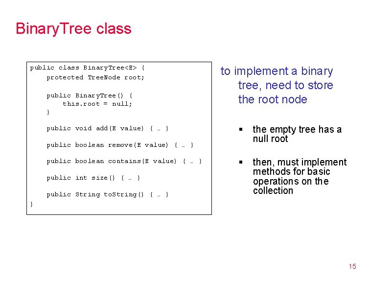Binary. Tree class public class Binary. Tree<E> { protected Tree. Node root; public Binary.