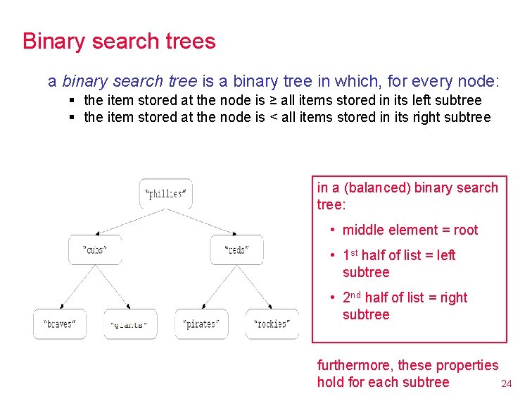 Binary search trees a binary search tree is a binary tree in which, for
