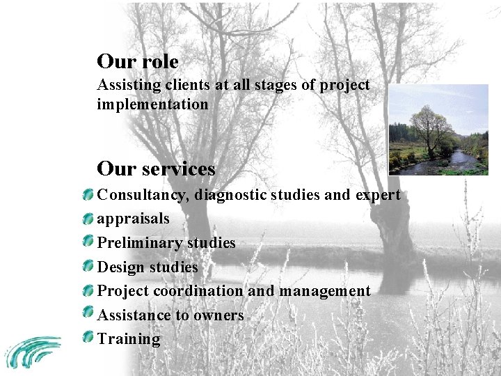 Our role Assisting clients at all stages of project implementation Our services Consultancy, diagnostic