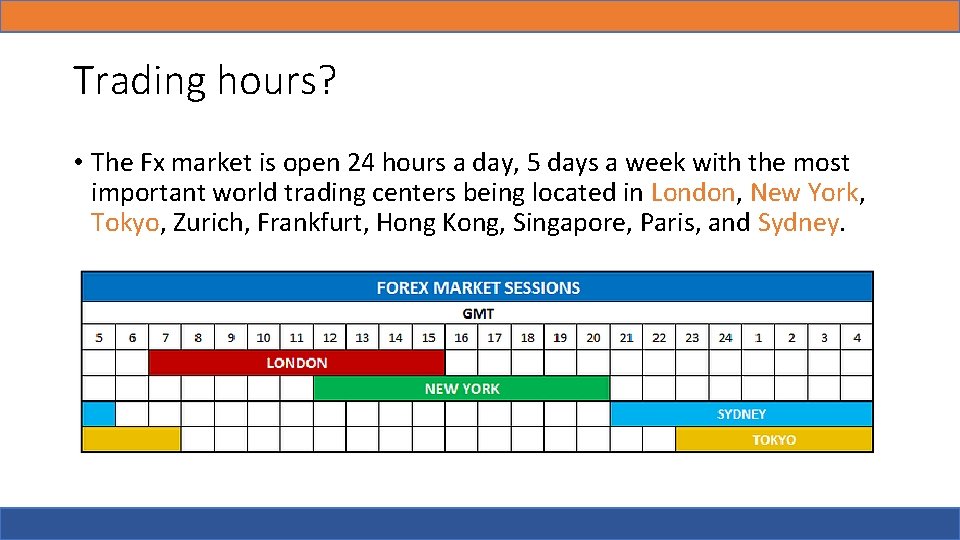 Trading hours? • The Fx market is open 24 hours a day, 5 days