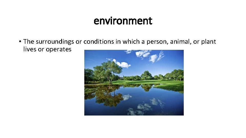 environment • The surroundings or conditions in which a person, animal, or plant lives