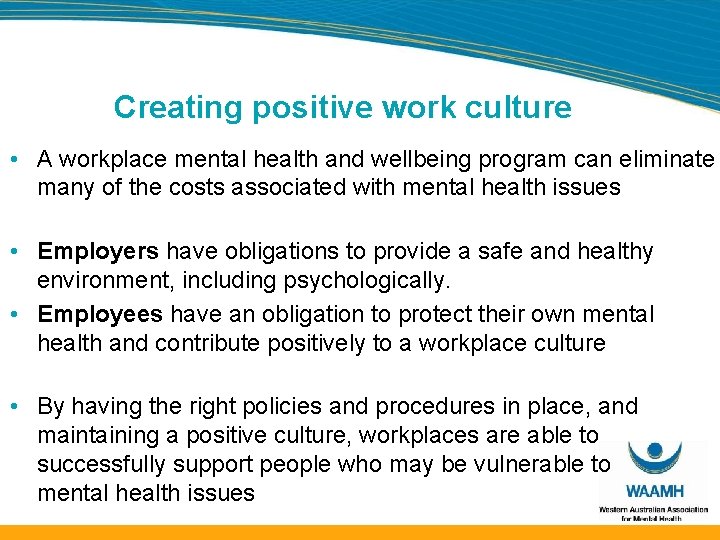 Mental health Positive work culture is vital Alison