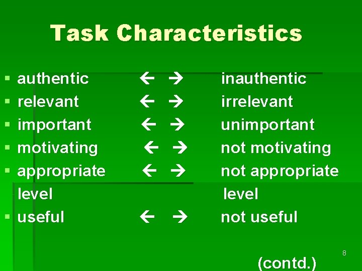 Task Characteristics § § § authentic relevant important motivating appropriate level § useful inauthentic