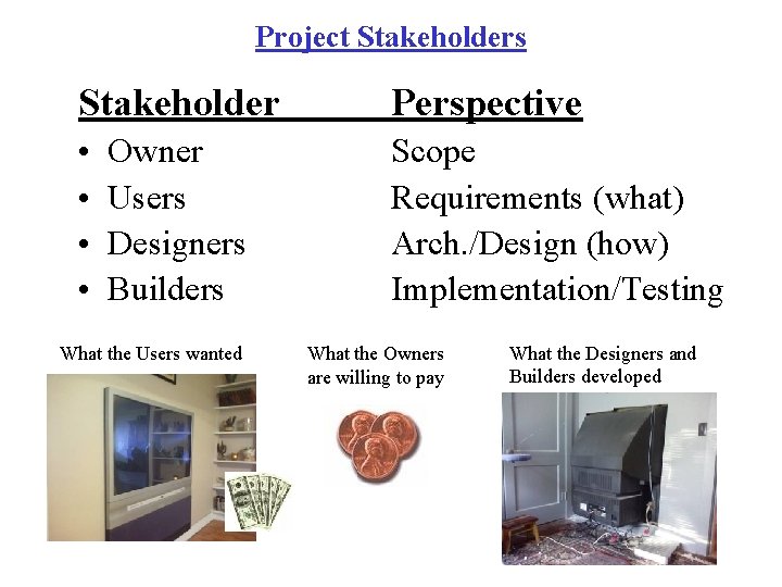 Project Stakeholders Stakeholder Perspective • • Scope Requirements (what) Arch. /Design (how) Implementation/Testing Owner