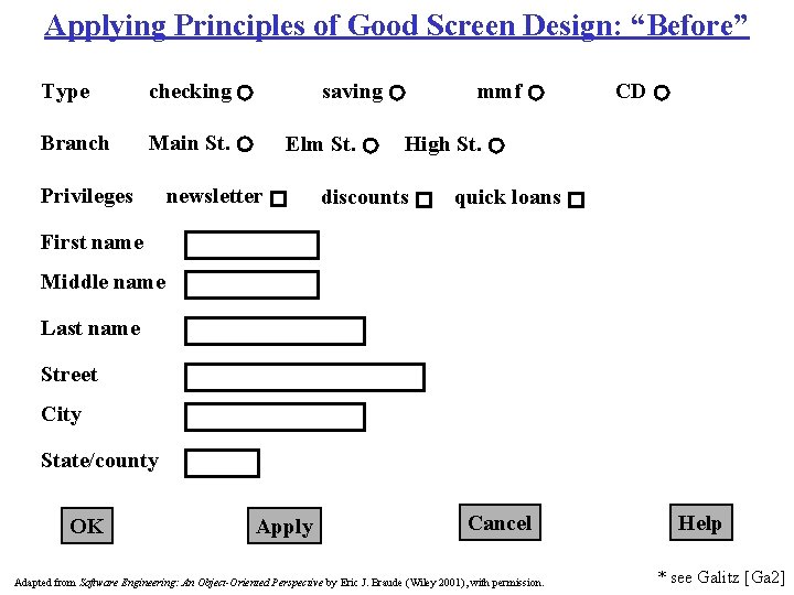Applying Principles of Good Screen Design: “Before” Type checking Branch Main St. Privileges saving