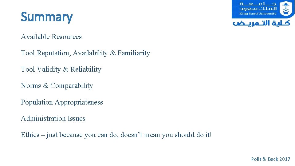 Summary Available Resources Tool Reputation, Availability & Familiarity Tool Validity & Reliability Norms &