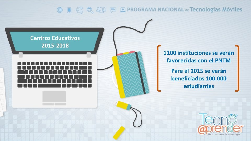 Centros Educativos 2015 -2018 1100 instituciones se verán favorecidas con el PNTM Para el