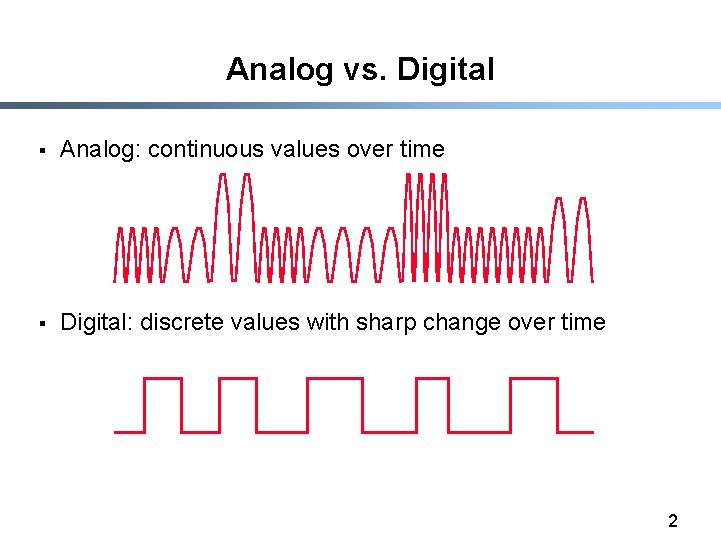 Analog vs. Digital § Analog: continuous values over time § Digital: discrete values with