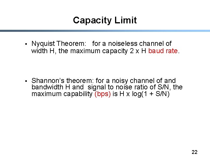 Capacity Limit § Nyquist Theorem: for a noiseless channel of width H, the maximum