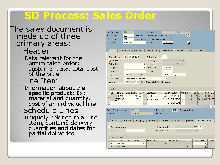 SD Process: Sales Order The sales document is made up of three primary areas: SD Process: Sales Order The sales document is made up of three primary areas: