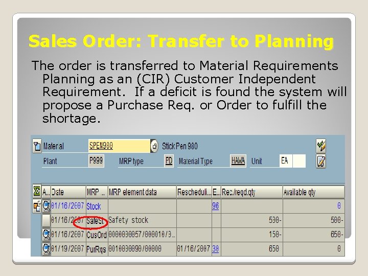 Sales Order: Transfer to Planning The order is transferred to Material Requirements Planning as Sales Order: Transfer to Planning The order is transferred to Material Requirements Planning as