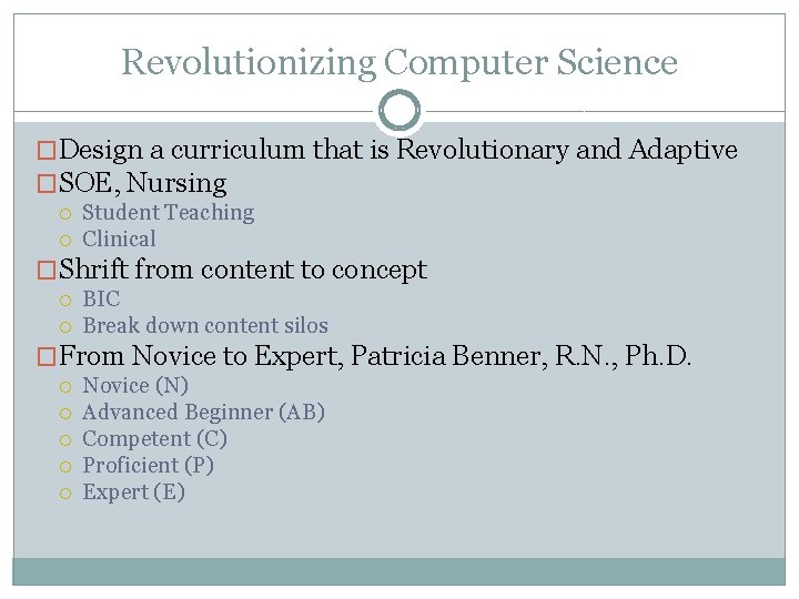 Revolutionizing Computer Science �Design a curriculum that is Revolutionary and Adaptive �SOE, Nursing Student