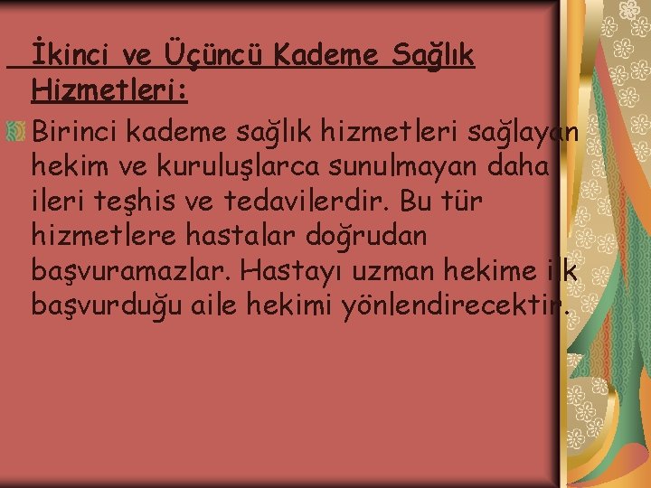 İkinci ve Üçüncü Kademe Sağlık Hizmetleri: Birinci kademe sağlık hizmetleri sağlayan hekim ve kuruluşlarca