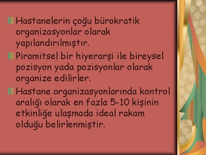 Hastanelerin çoğu bürokratik organizasyonlar olarak yapılandırılmıştır. Piramitsel bir hiyerarşi ile bireysel pozisyon yada pozisyonlar