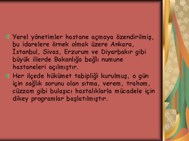 Yerel yönetimler hastane açmaya özendirilmiş, bu idarelere örnek olmak üzere Ankara, İstanbul, Sivas, Erzurum