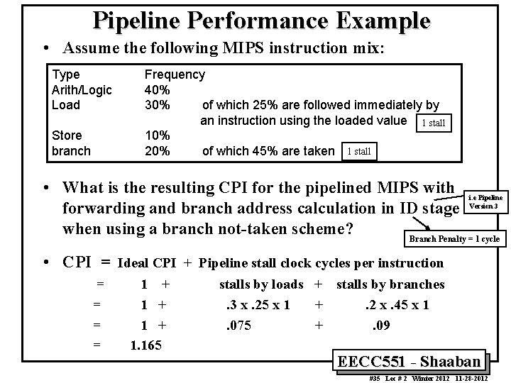 Pipeline Performance Example • Assume the following MIPS instruction mix: Type Arith/Logic Load Store