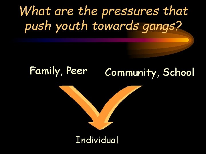 What are the pressures that push youth towards gangs? Family, Peer Community, School Individual
