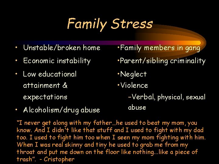 Family Stress • Unstable/broken home • Family members in gang • Economic instability •