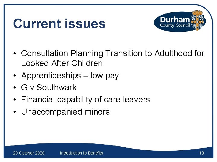 Current issues • Consultation Planning Transition to Adulthood for Looked After Children • Apprenticeships