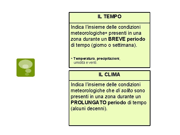 IL TEMPO Indica l’insieme delle condizioni meteorologiche presenti in una zona durante un BREVE