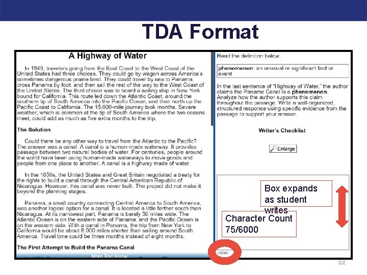 TDA Format Box expands as student writes Character Count 75/6000 22 