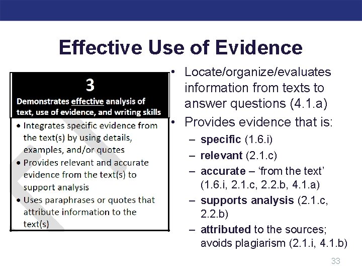 Effective Use of Evidence • Locate/organize/evaluates information from texts to answer questions (4. 1.