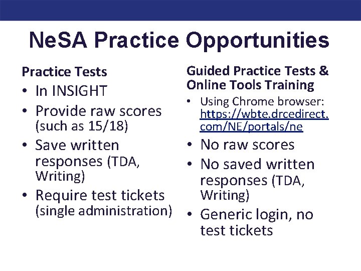 Ne. SA Practice Opportunities Practice Tests • In INSIGHT • Provide raw scores (such