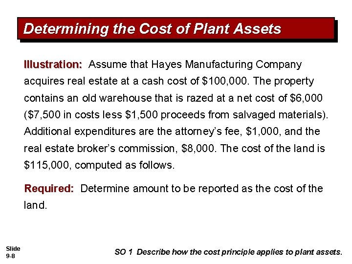 Determining the Cost of Plant Assets Illustration: Assume that Hayes Manufacturing Company acquires real