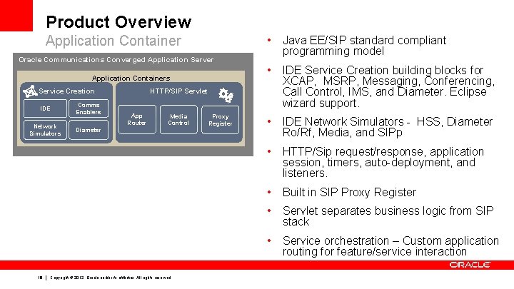 Product Overview Application Container Oracle Communications Converged Application Server Application Containers HTTP/SIP Servlet Service