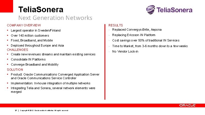 Telia. Sonera Next Generation Networks • Largest operator in Sweden/Finland RESULTS • Replaced Convergys-Brite,