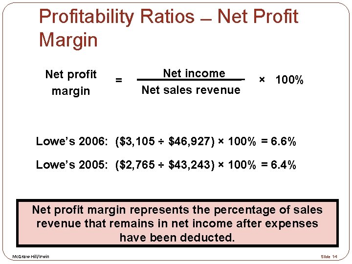 Profitability Ratios Net Profit Margin Net profit margin = Net income Net sales revenue